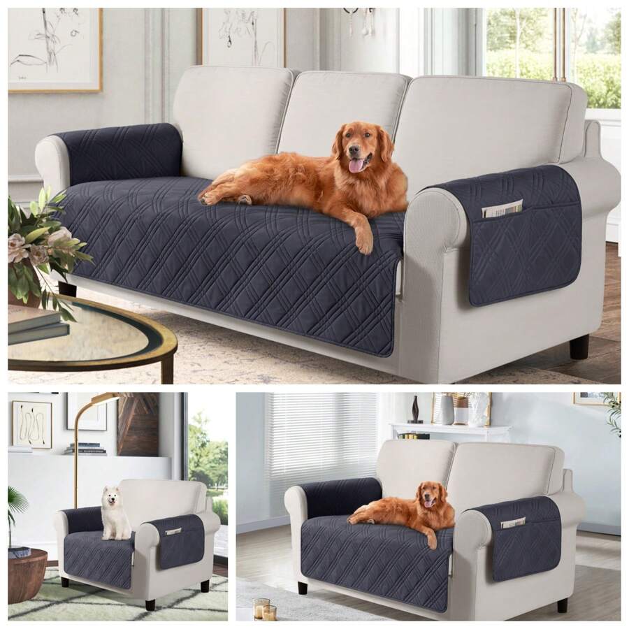 1/2/3 Seat Waterproof Sofa Covers With Non Slip Backing, Cushion Covers Couch Covers With Side Pocket Washable Chair Covers Furniture Protector Recliner Cover For Cats Couch, Dog Bed Black Grey - 黑色 灰色 - 查看 1