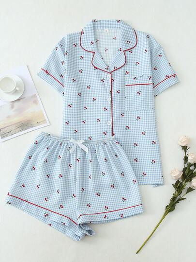 2pcs/Set Women's Sweet Cherry Print Pajamas Set, Lapel Collar Button Short Sleeve Top And Bow Shorts, Summer Casual Sleepwear & Loungewear,Two Pieces Set, Cool Light Blue