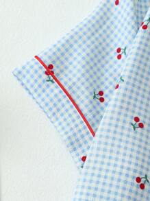 2 件套女士甜美樱桃印花睡衣套装，翻领纽扣短袖上衣和蝴蝶结短裤，夏季休闲睡衣和家居服，两件套，清凉浅蓝色 - 藍色 - 查看 4