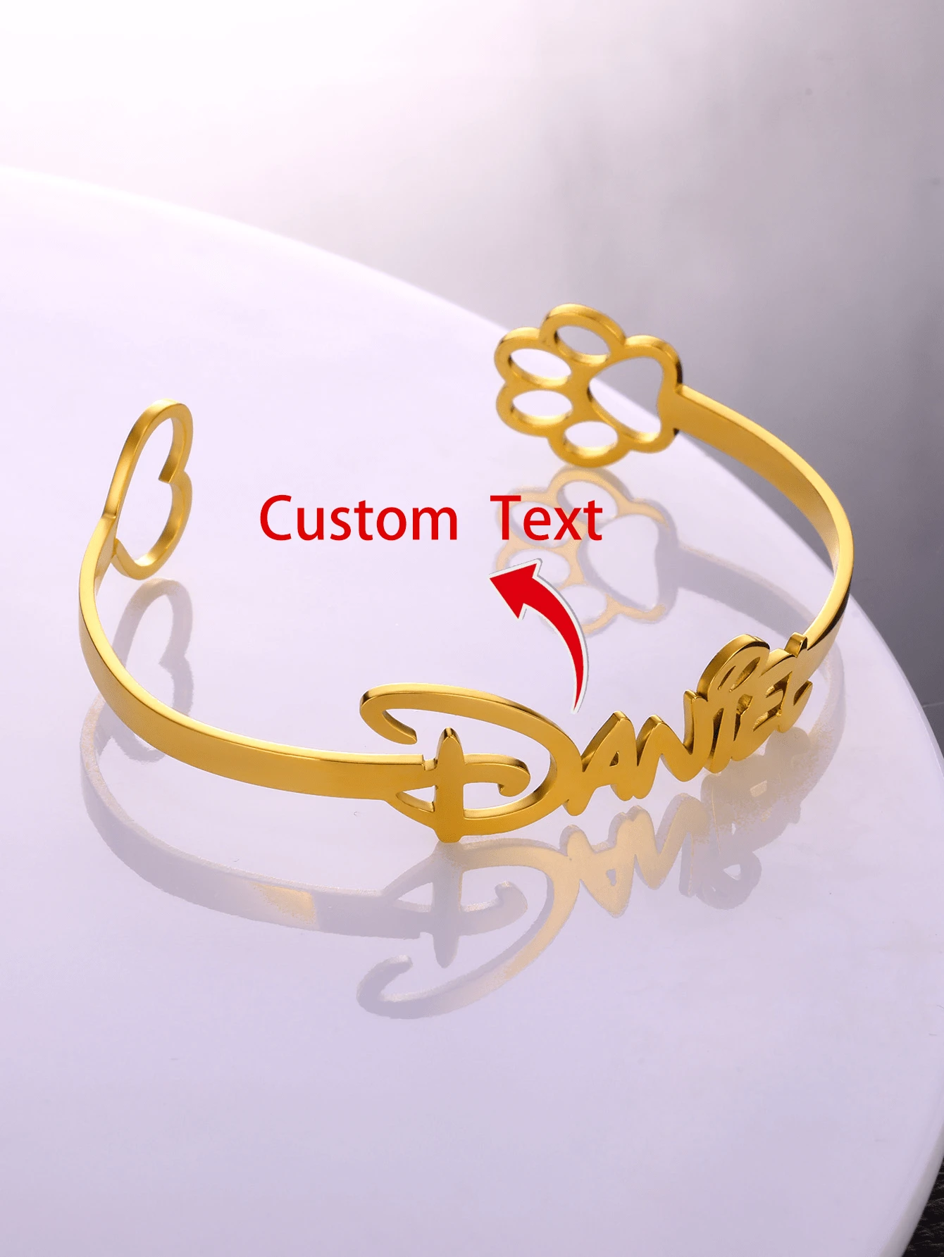 定制名字手链个性化狗爪情书手链女士可爱时尚定制开口可调节手链不锈钢首饰腕饰情人节礼物 - 金黃色 - 查看 1