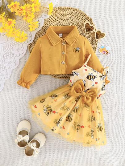 2 piezas Chaqueta de manga larga con volantes y bordado de abeja para niña bebé, con vestido de malla simple con estampado de abeja, conjunto