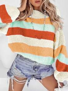 New Arrival Women's Casual Chic Color Block Crew Neck Long Sleeve Knitted Sweater,Long Sleeve Tops - Color - View 3