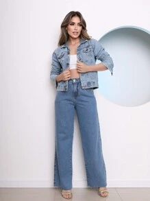 Women's Fashion Denim Jacket - 淺色水洗藍 - 查看 3