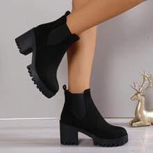 بوت نسائية جديدة للخريف/الشتاء من الجلد المدبوغ، بكعب سميك عالي، رأس مستدير، إيلاستيكي، بوت قصيرة عصرية، بوت للنساء