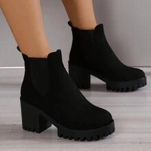 بوت نسائية جديدة للخريف/الشتاء من الجلد المدبوغ، بكعب سميك عالي، رأس مستدير، إيلاستيكي، بوت قصيرة عصرية، بوت للنساء