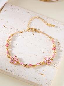 1pc Stainless Steel 18K Plated Floral Rhinestone Pendant Bracelet, Luxury Women's Accessory Suitable For Party, Date, Work - Yellow Gold - View 14