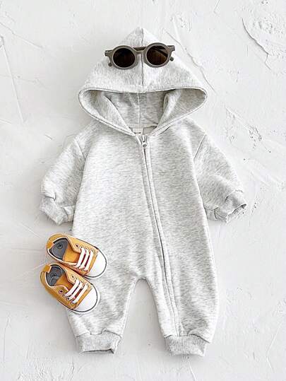 女婴轻便拉链连帽纯色连体裤，春秋季