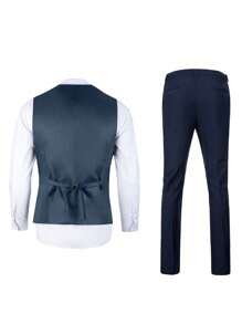 Traje de 3 piezas para hombre Furuyal, elegante, unicolor, ajuste delgado, conjunto de chaleco, pantalones y corbata para caballero, para negocios, traslado, boda, fiesta, color azul marino, tallas desde XS hasta 3XL - Ver 2