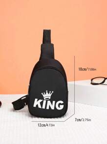 1pc Unisex Kids Nylon Zipper Crown & Letter Pattern Chest Bag, Suitable For Daily Use, Christmas Gift - Black - View 5