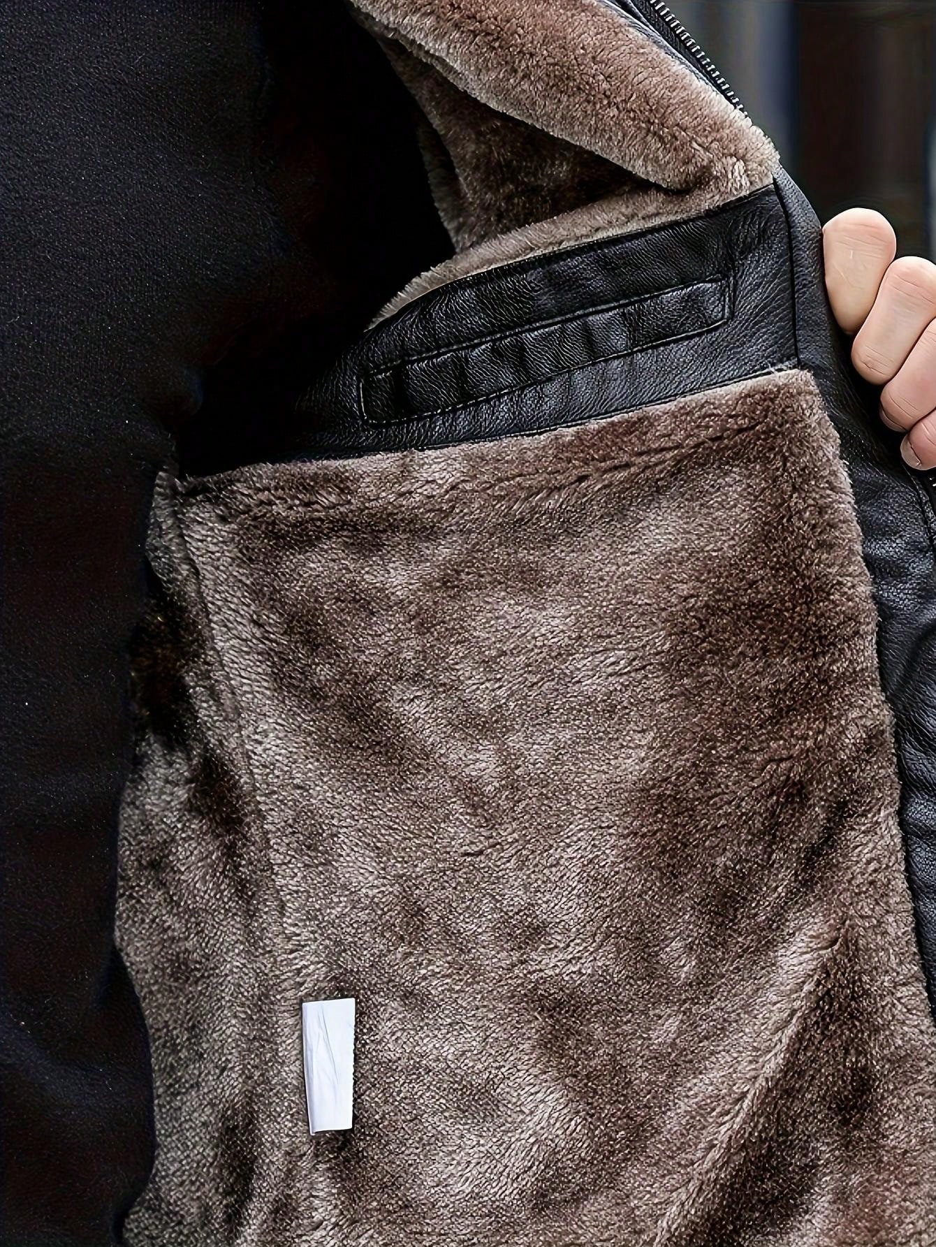 معطف جلدي مبطن بالفرو السميك للرجال، خريف/شتاء