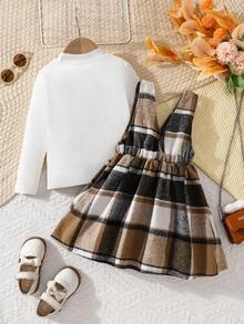 Set de 2 piezas con top acanalado + vestido de jumper a cuadros para niña, otoño/invierno - Blanco - Ver 2