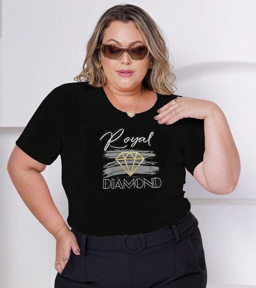 Women's Plus Size 100% Cotton Basic Printed T-Shirt - 金色 - 查看 1