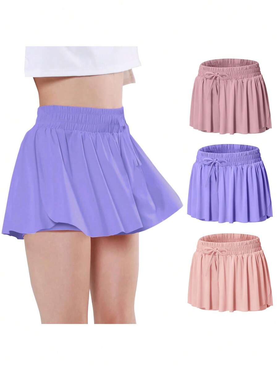 3 Pieces EXARUS Girls Butterfly Shorts Flowy Athletic 2 In 1 Tennis Gym Cheer Skirt Skort Dance Running Preppy Clothes 6-14Y - BỘ-3 - Xem 1