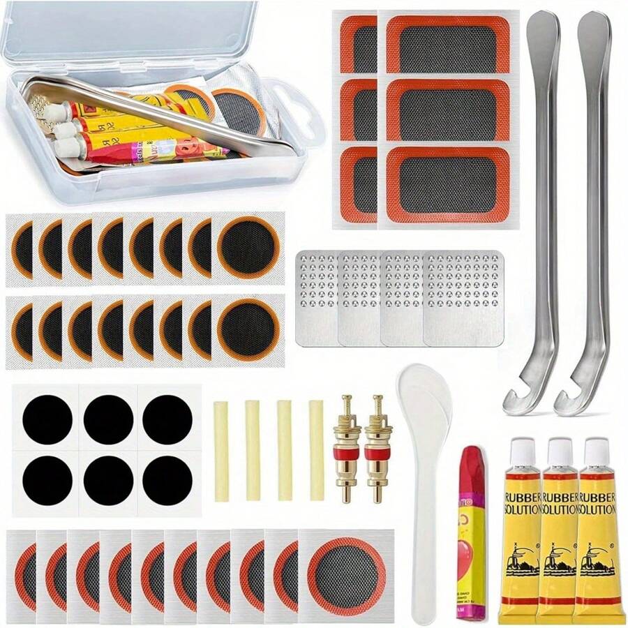 56pcs Bike Tire Repair Kit, Bicycle Tool Kit, Self-Adhesive Puncture Repair Kit, Multifunction Bike Repair Tool, With Vulcanization Patch, For Road Bikes