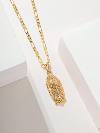  1 pieza Collar colgante de la Virgen María con estilo europeo, incrustado de cobre, enchapado en oro de 14K, pintado a mano en verde y naranja, adecuado para madres, parejas, mejores amigos, regalos, uso diario y festivo, oración