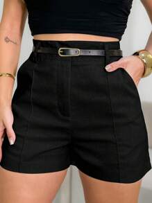 EMILI LULU RUN Women's Shorts With Viscose Crease And Thin Belt - 黑色 - 查看 3