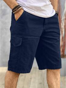 Men's Cargo Bermuda Shorts In Denim Twill With Side Pockets - Navy Blue - View 1