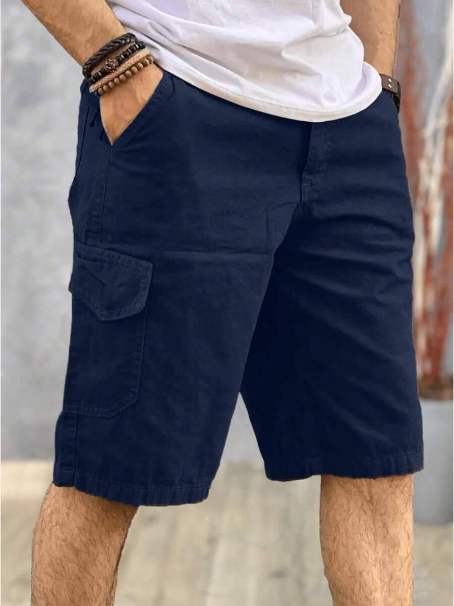 Men's Cargo Bermuda Shorts In Denim Twill With Side Pockets - Navy Blue - View 1