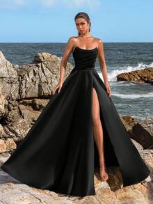 Faeriesty 女士优雅褶皱修身高开衩晚礼服 - 春夏正式礼服，适合婚礼、晚宴、红毯活动、派对、婚礼宾客、夏季度假派对等场合，黑色 - 黑色 - 查看 10