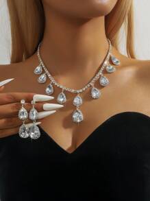 3 Piezas Conjunto De Joyería De Moda Para Mujeres De Boda Con Borlas, Aretes Y Collar De Diamantes De Imitación, Accesorios De Moda Para Fiestas De Lujo
