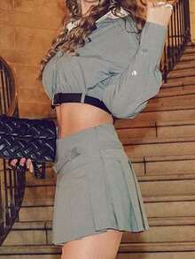 School Style Solid Color Belt Decorated  Pleated Mini Skirt - Grey - View 4