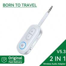 二合一蓝牙5.3音频接收器/发射器，HiFi立体声无线适配器，3.5mm AUX接口，带麦克风，适用于汽车、飞机、电视、电脑、音箱
