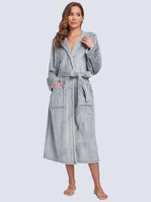 1pc Simple Solid Color Women's Thickened Flannel Hooded Robe For Autumn/Winter Home Use, For Fall Winter, Cozy Outfit, Fluffy - Grey - View 6
