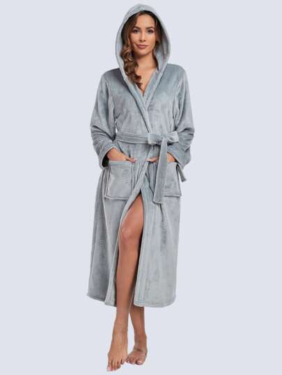 1 pezzo Accappatoio con cappuccio in flanella tinta unita da donna, spesso, per uso domestico in autunno/inverno, comodo, morbido e soffice