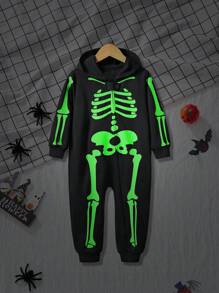年轻男孩万圣节儿童长袖连帽连体衣，夜光卡通骷髅印花图案，节日派对流行
