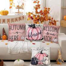 4pcs Autumn Decoration Pumpkin Pillow Cover Autumn Decoration Thanksgiving Pillow Pillow Cover Pillow Pillowcase Cushion Cover 45.72 X 45.72 Cm No Pillow Core - Pink - View 5