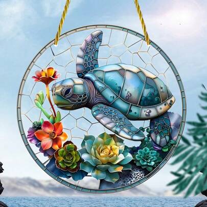 1pc Turtle & Succulent Sun Catcher, 2D Acrylic Painted Glass Window Hanging Decor For Porch, Garden, Office, Bedroom, Ocean Themed Home Decoration,Home Decor ,Room Decor,Wall Decor Gifts Birthday Graduation