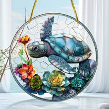 1pc Turtle & Succulent Sun Catcher, 2D Acrylic Painted Glass Window Hanging Decor For Porch, Garden, Office, Bedroom, Ocean Themed Home Decoration,Home Decor ,Room Decor,Wall Decor Gifts Birthday Graduation - Multicolor - View 2