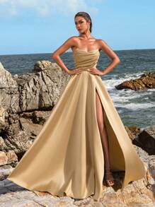 Faeriesty Women Elegant Elegant Ruched Bodice High-Slit Evening Gown – Spring/Summer Formal Dress For Weddings, Galas, Red Carpet Events, Party Dress, Wedding Guest Dress,Summer Holiday Outfits - Champagne - View 2