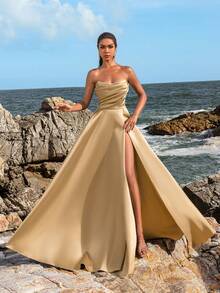 Faeriesty Women Elegant Elegant Ruched Bodice High-Slit Evening Gown – Spring/Summer Formal Dress For Weddings, Galas, Red Carpet Events, Party Dress, Wedding Guest Dress,Summer Holiday Outfits - Champagne - View 7