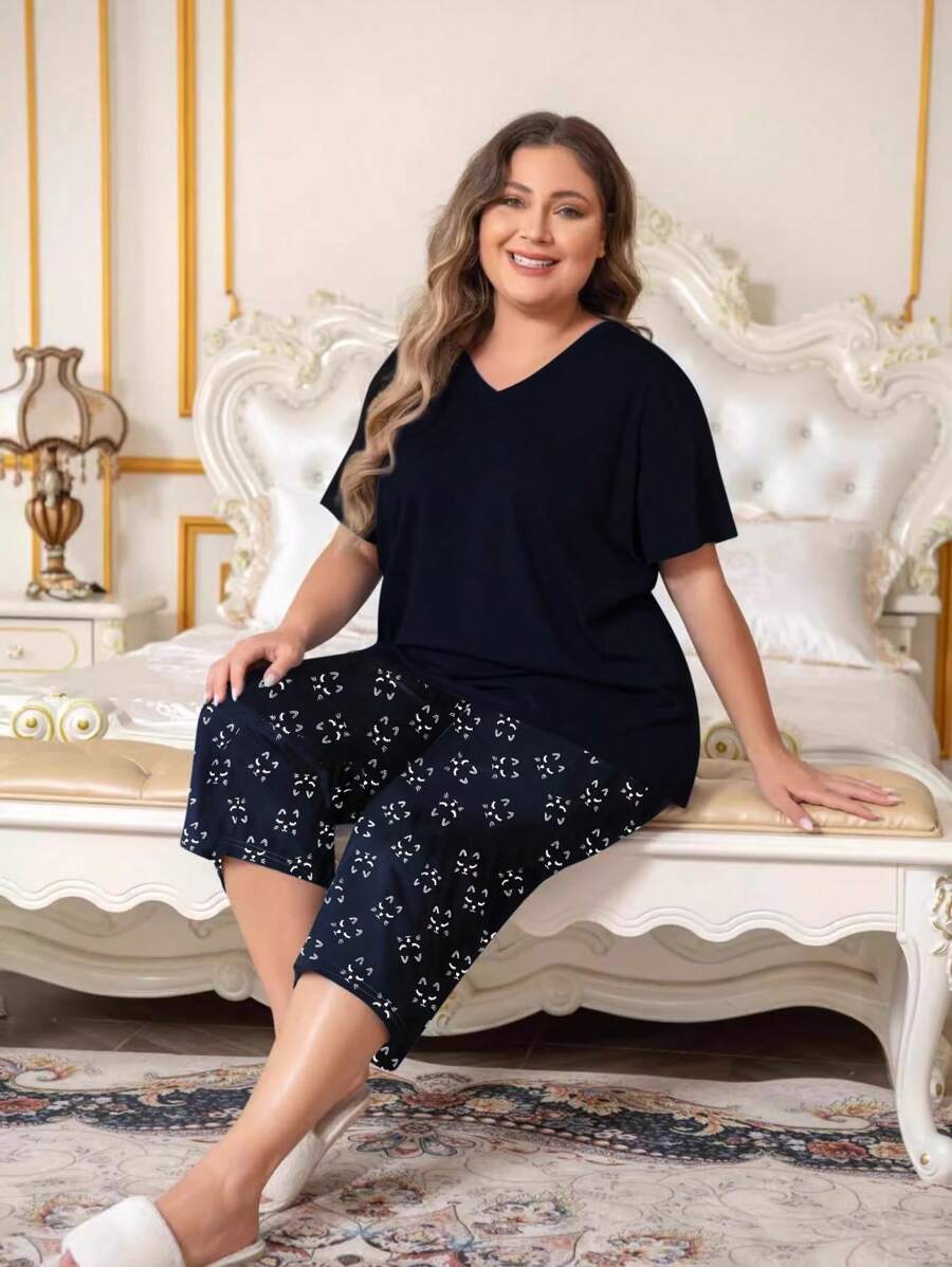 Bộ đồ ngủ 2 món cổ chữ V tay ngắn 3/4 kèm quần dài đơn giản, thoáng khí thoải mái cho nữ cỡ lớn - màu đen - Xem 1