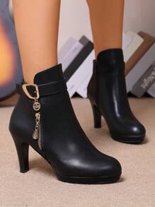 2024 Winter Korean Style Fine Heels Round Toe High Heel Ankle Boots Black Versatile Waterproof Platform Fluffy Boots New Arrival