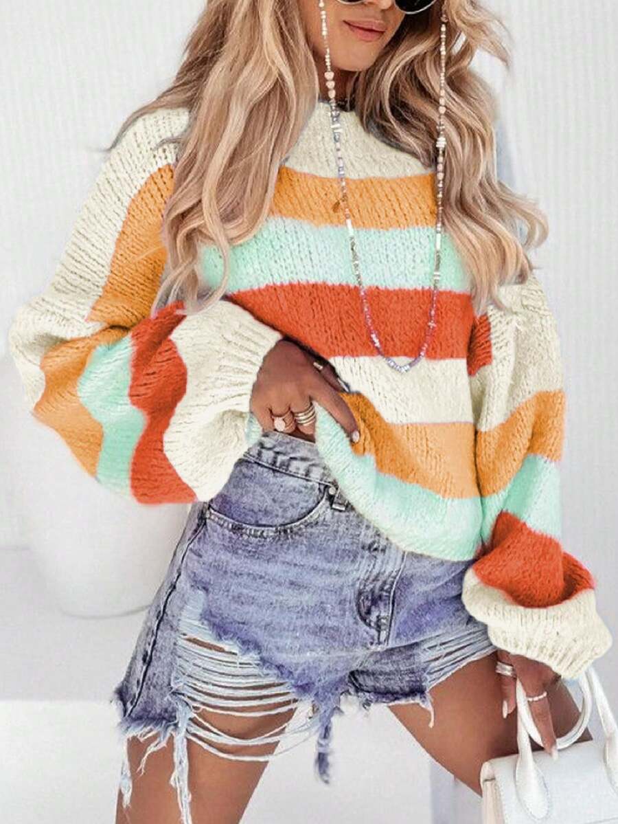New Arrival Women's Casual Chic Color Block Crew Neck Long Sleeve Knitted Sweater,Long Sleeve Tops - Color - View 1