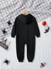 年轻男孩万圣节儿童长袖连帽连体衣，夜光卡通骷髅印花图案，节日派对流行