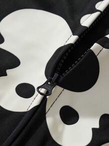 年轻男孩万圣节儿童长袖连帽连体衣，夜光卡通骷髅印花图案，节日派对流行