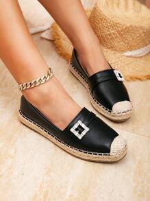 Women's New Fashion Simple Solid Color Crystal Square Buckle Flat Shoes, Versatile Round Toe Comfortable Slip-On - Black - View 3