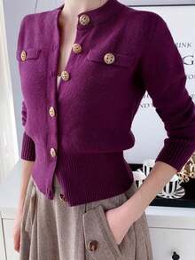 Casual Solid Color Long Sleeve Knit Ribbed Button Mock Pocket Round Neck Cardigan - Purple - View 6