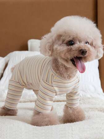 1pc Apricot Striped Dog/Cat Four Leg Base Layer Shirt, Suitable For Spring Wear