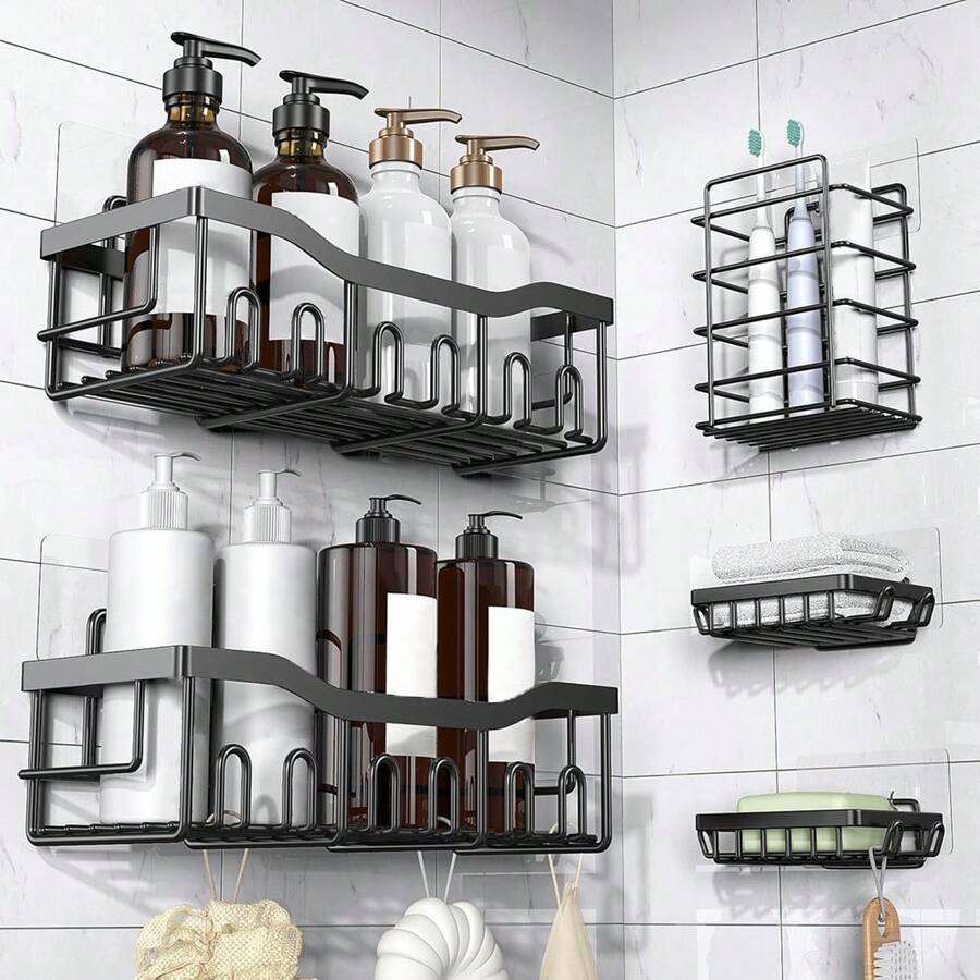5pcs Adhesive Shower Caddy Organizer For Bathroom Storage, Home Decor & Kitchen, Rust-Proof Stainless Steel, No Drilling Required, Large Capacity Home Bathroom Decor Bathroom Organizer Summer - Multicolor - View 1
