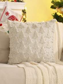 Miater 1 vỏ gối trang trí Giáng sinh bằng vải nhung Jacquard hình cây thông Noel cho phòng khách và phòng ngủ - Màu be - Xem 14