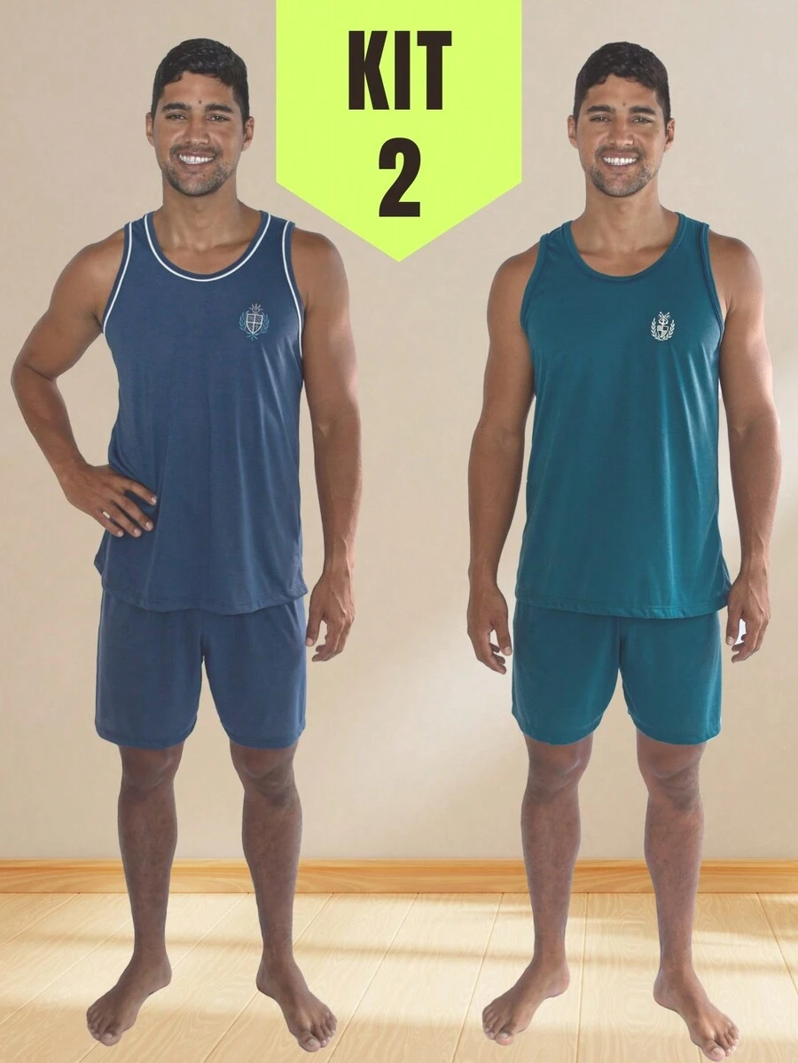 2 Pajama Shorts With Closed Tank Top For Adult Men's Line - 墨綠色 - 查看 1