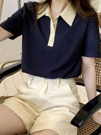 女士撞色字母刺绣短袖 Polo 衫