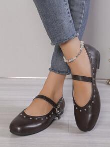 Retro Round Toe Mary Jane Shoes For Women, Rivet Decor Strap Flat Commuting Shoes - Brown - View 5