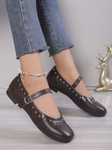 Retro Round Toe Mary Jane Shoes For Women, Rivet Decor Strap Flat Commuting Shoes - Brown - View 2