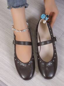 Retro Round Toe Mary Jane Shoes For Women, Rivet Decor Strap Flat Commuting Shoes - Brown - View 3