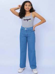 Calça Jeans Infantil Feminina Lisa Tecido Premium - Lavagem escura - Visão 3